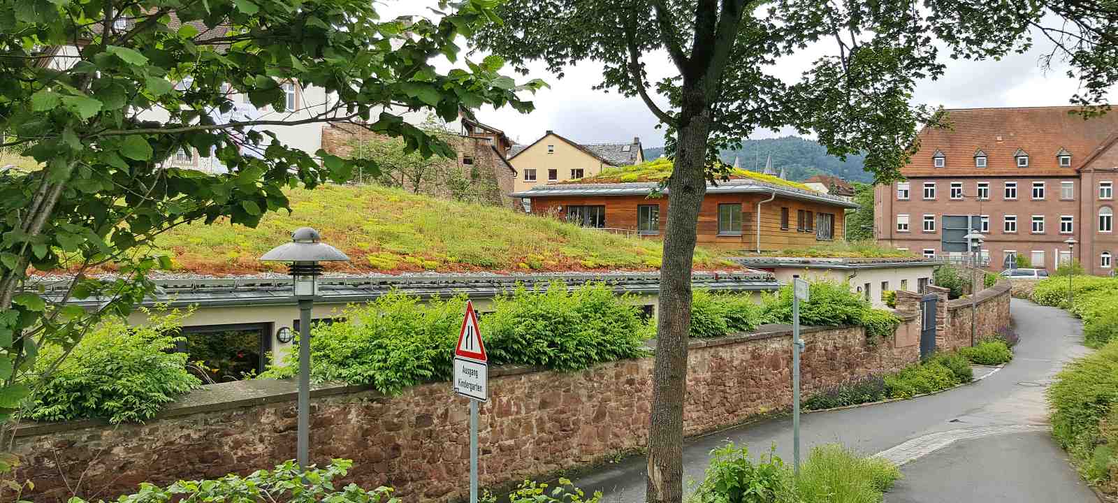 Begrüntes Schrägdach vor einer Steinmauer