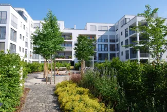 Die Innenhofbegrünungen liegen zu einem Drittel über Tiefgaragen, wo der ZinCo Systemaufbau „Dachgarten“ die gleiche Gestaltungsfreiheit wie zu ebener Erde ermöglicht. Tiefgaragenbegrünung mit Bäumen und Stauden
