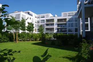 Umsäumende Hainbuchenhecken und ganz gezielt angeordnete Hochstämme lassen eine klare Struktur erkennen. Rasenfläche mit Hecken und kleinen Bäumen